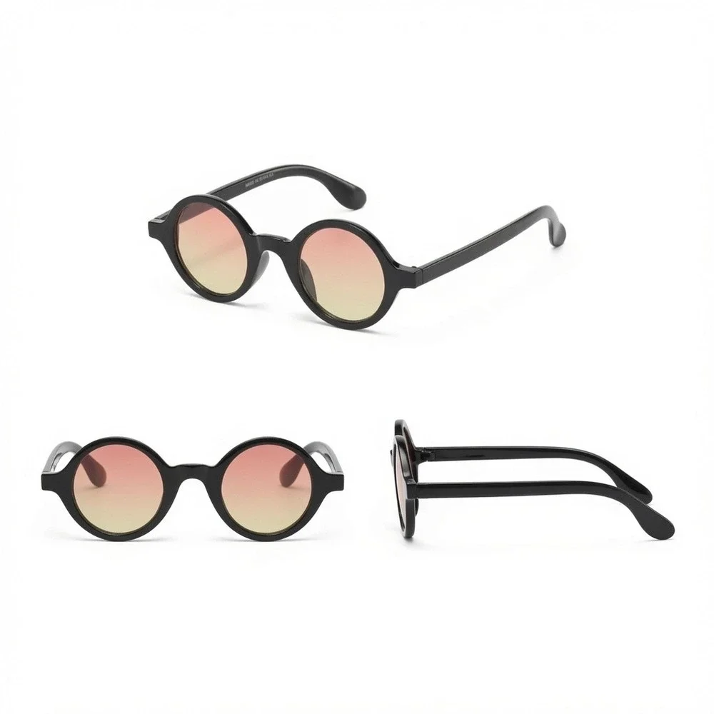 Mens Retro Round Sunglasses Black Frame Orange Yellow Lens Circular Shade Trendy